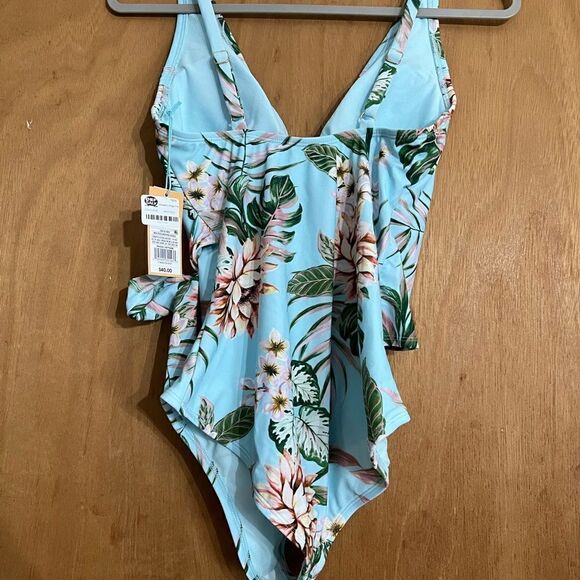 Kona Sol Wrap-Front High Coverage One Piece Swimsuit Tropical Print Small NWT - Picture 6 of 8